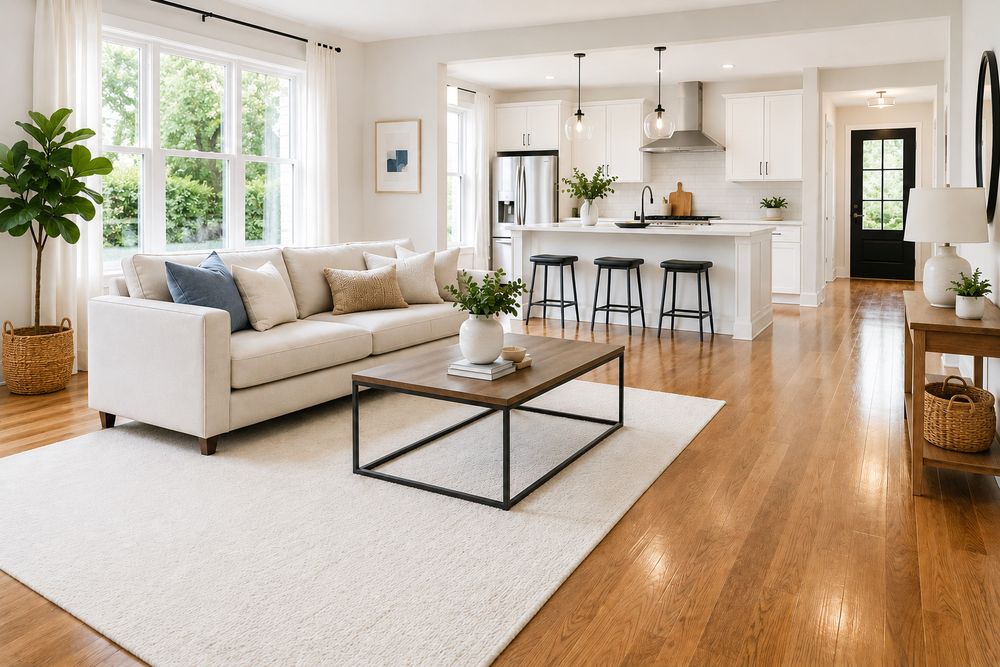Spotless living room and open kitchen in a Greensboro home after a residential cleaning