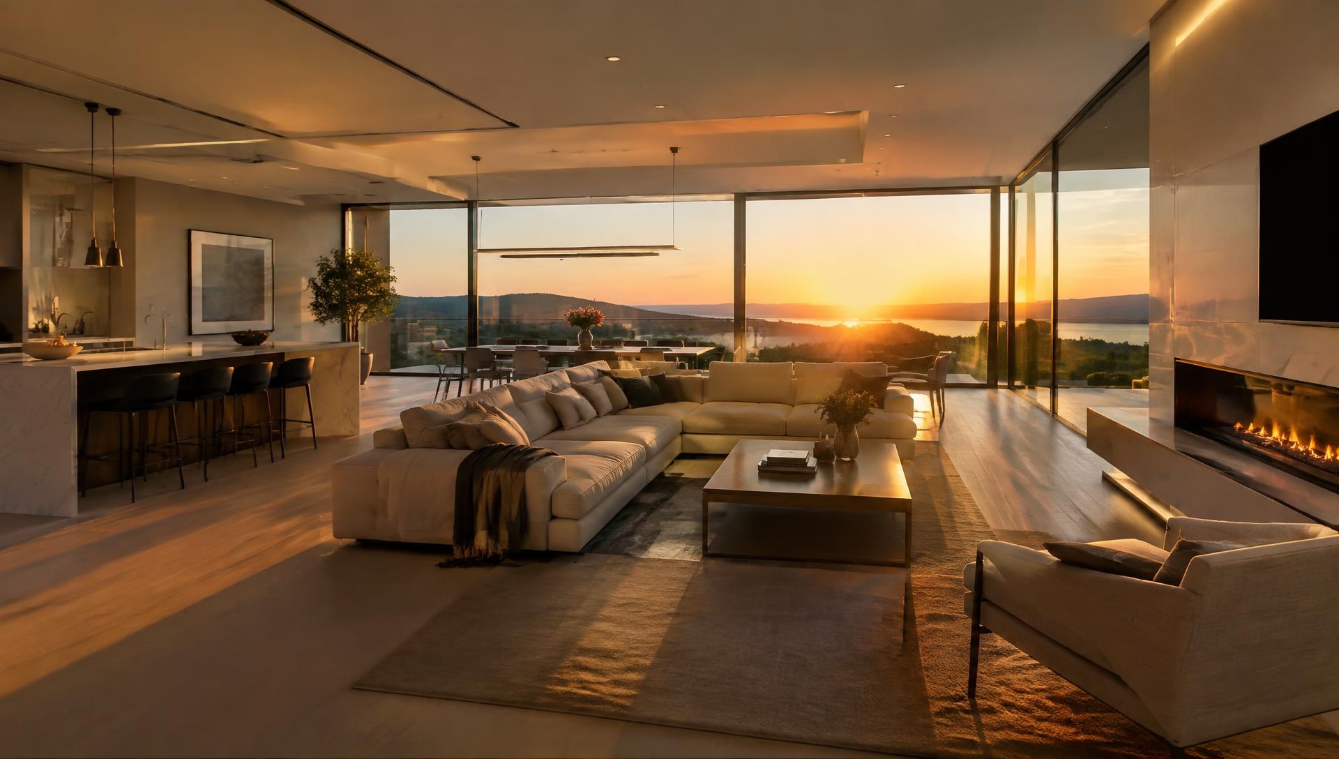 Immaculate modern living space at golden hour after professional cleaning